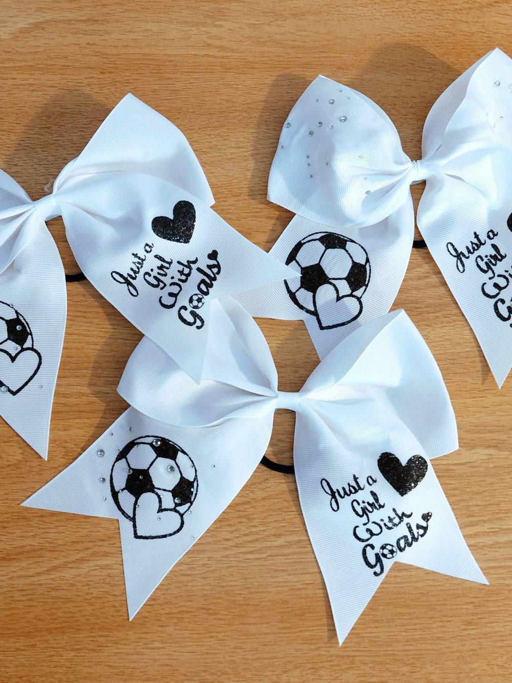 White 'Just a Girl with Goals' Soccer Bow Hair Tie for Kids With RHINESTONES